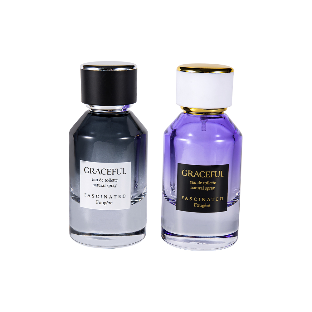 GC4416-WJ2098 50 ml belagt trykt parfymeflaske i glass med lær, ABS-plasthette, UV-sikker PP-fôr