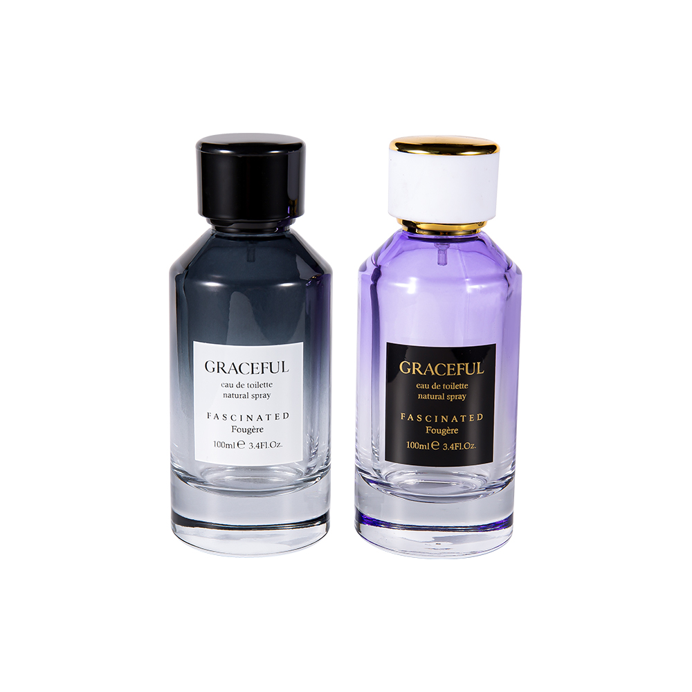 GC4418-WJ2098 100 ml fargebelagt trykt parfymeflaske i glass med ABS-plasthette i lær og UV PP-fôr