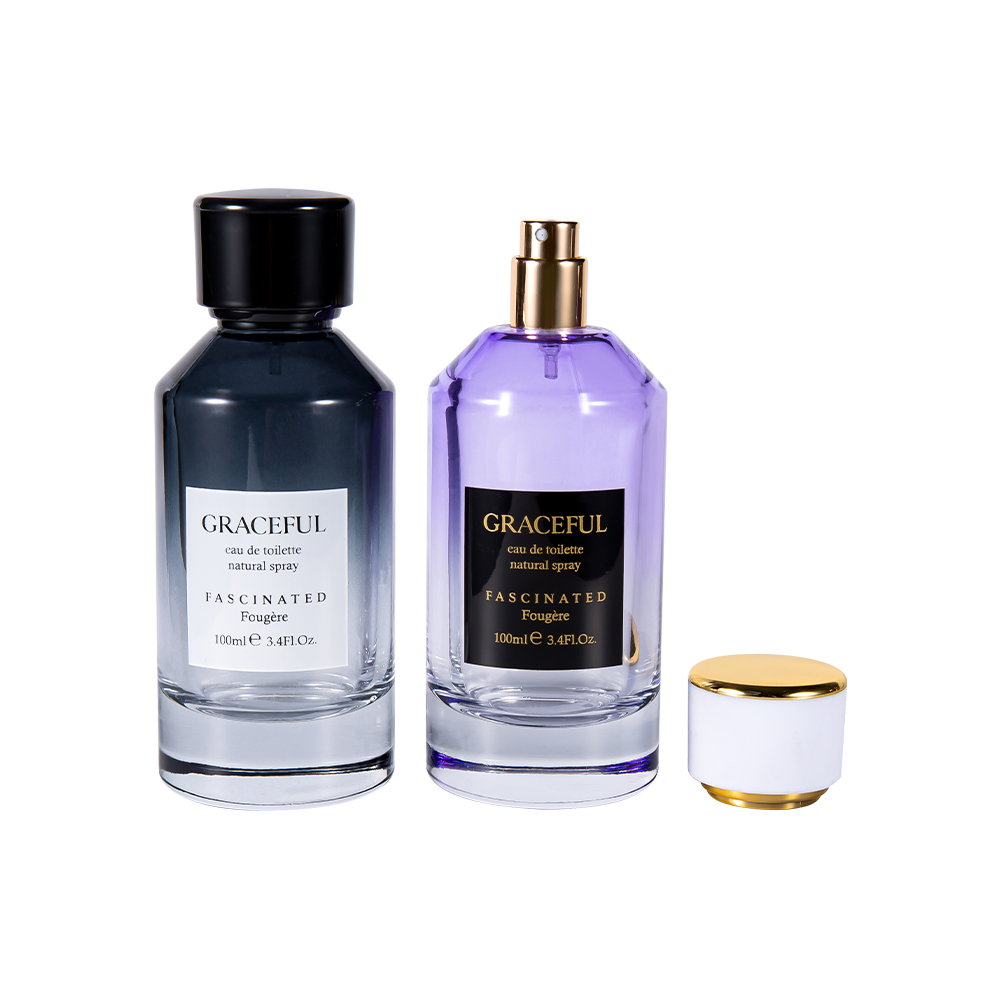 GC4418-WJ2098 100 ml fargebelagt trykt parfymeflaske i glass med ABS-plasthette i lær og UV PP-fôr