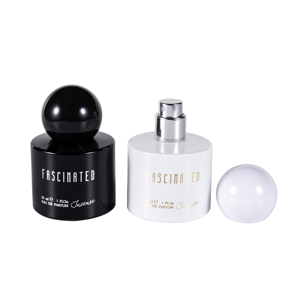 GC4748-WJ2537 30 ml sylindrisk belagt gullfolie glass parfymeflaske med sfærisk ABS PP plasthette