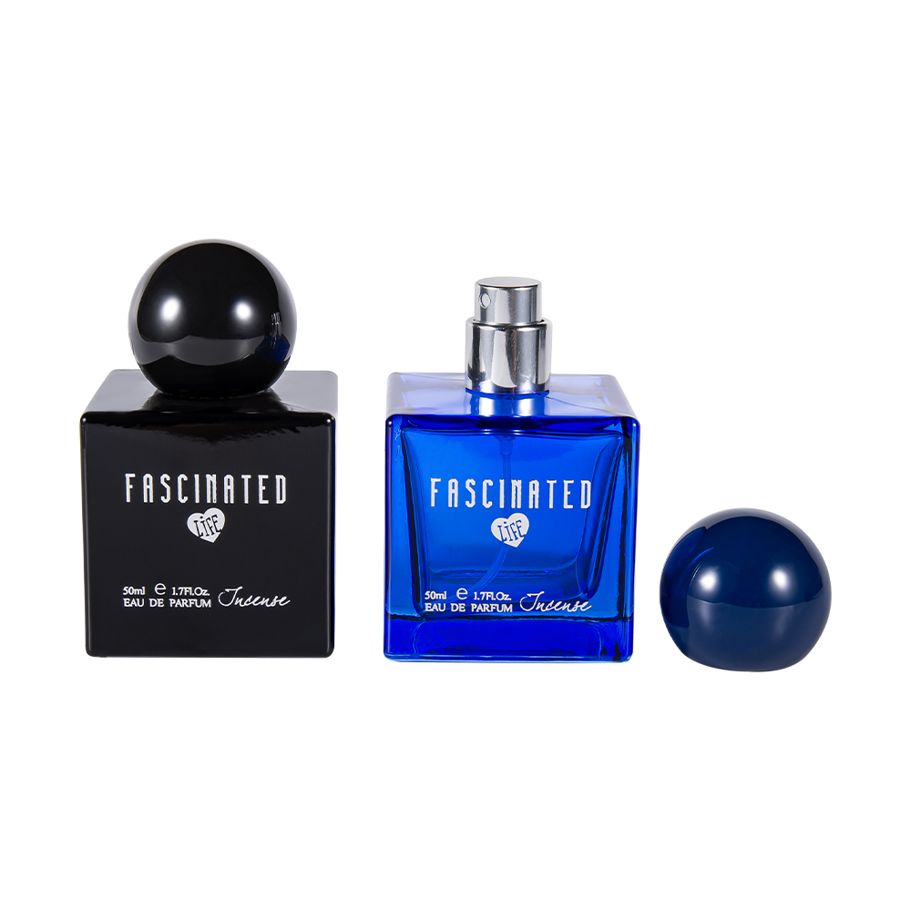 KY145-WJ2537 50 ml kubefargetrykt parfymeflaske i glass med sfærisk UV-plasthette