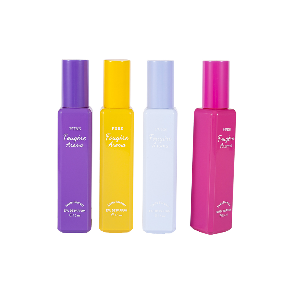 GC4222-WJ2369 15 ml belagt glassparfymeflaske med liten kapasitet med fargerik PP-plasthette