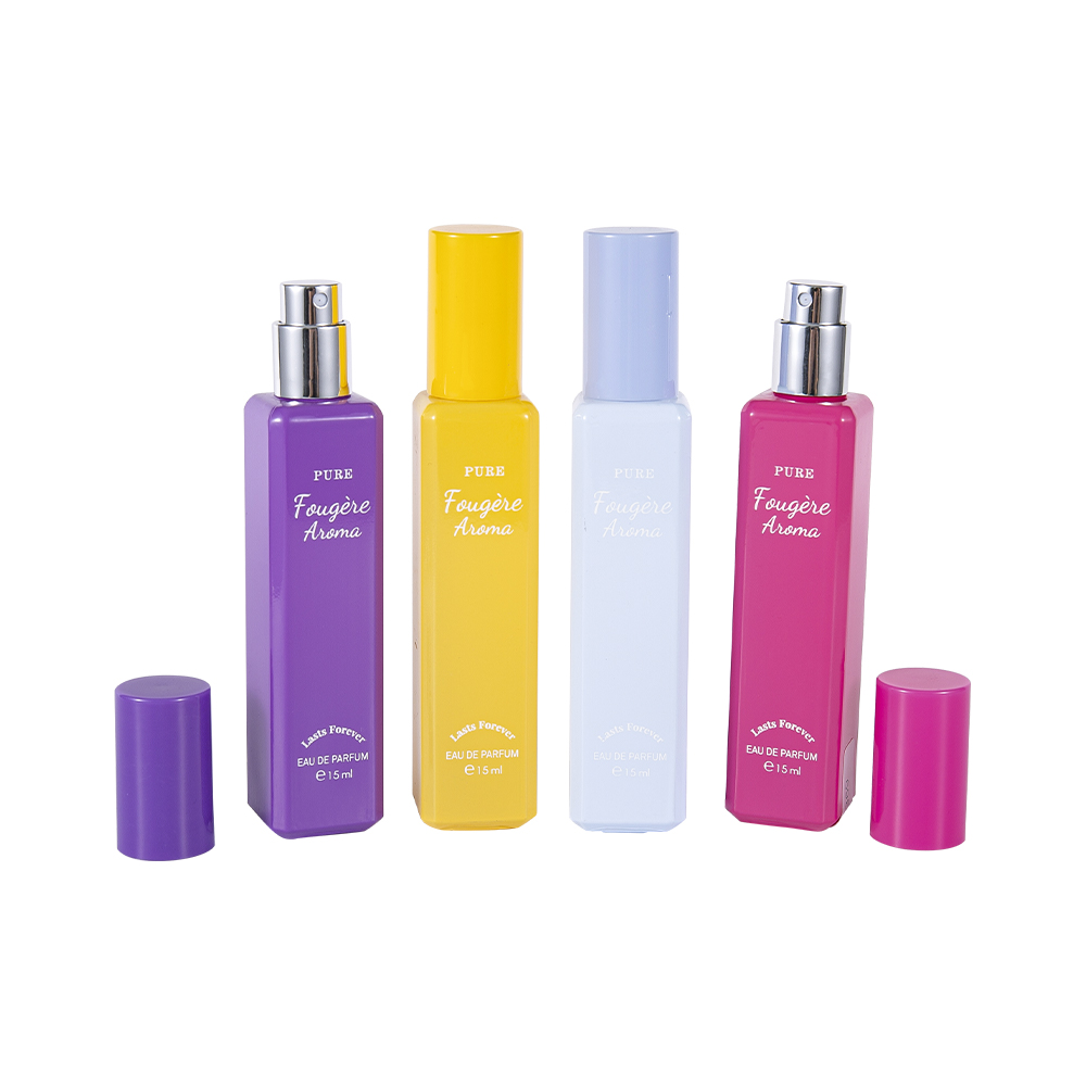 GC4222-WJ2369 15 ml belagt glassparfymeflaske med liten kapasitet med fargerik PP-plasthette