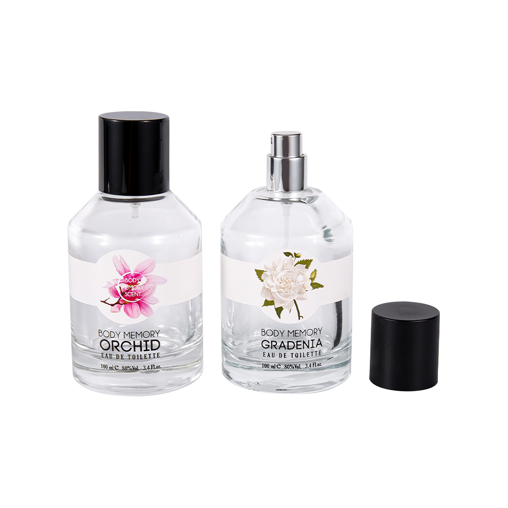 KY1603-WJ2388 100ML trykt klistremerke Glass parfymeflaske med sylindrisk skinnende matt svart PP-hette