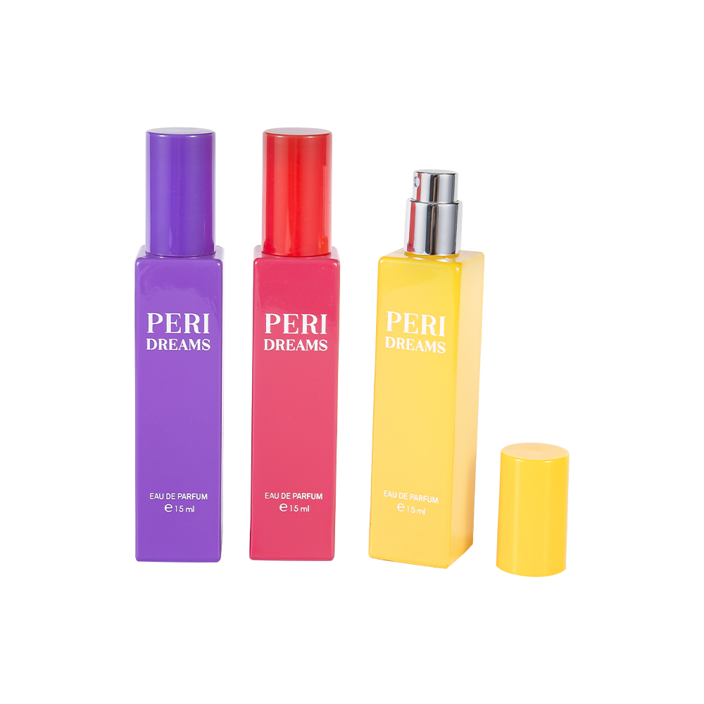 GC4421-WJ2369B 15 ml minikapasitet belagt rektangulær parfymeflaske av glass med sylindrisk PP-hette